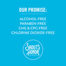Promotional graphic for Skout's Honor pet supply company with a blue background and white text listing product features.