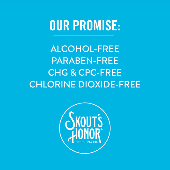 Promotional graphic for Skout's Honor pet supply company with a blue background and white text listing product features.