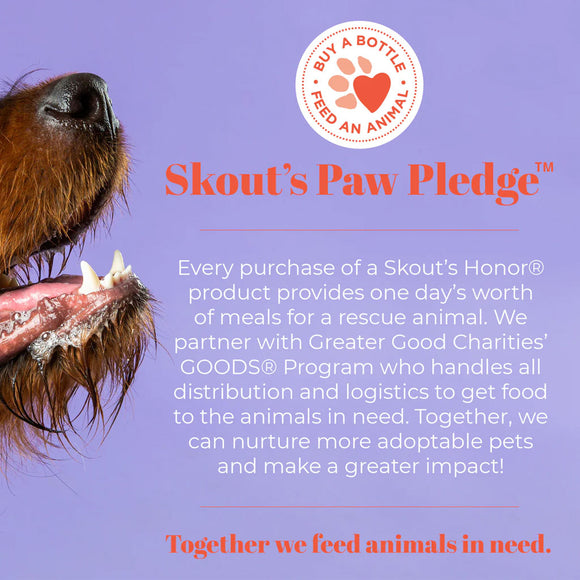 Promotional graphic for Skout's Paw Pledge with a dog's mouth and text about feeding rescue animals.