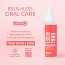 Oral care gel bottle with text on a pink background