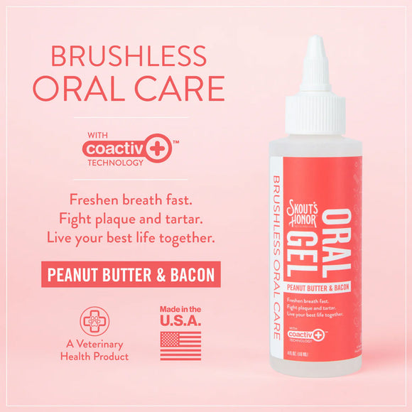 Oral care gel bottle with text on a pink background