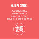 Skout's Honor product with promise of being alcohol-free, paraben-free, CHG & CPC-free, and chlorine dioxide-free on a pink background.