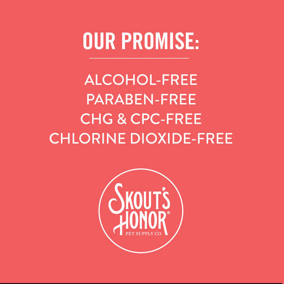 Skout's Honor product with promise of being alcohol-free, paraben-free, CHG & CPC-free, and chlorine dioxide-free on a pink background.