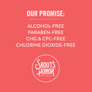 Skout's Honor product with promise of being alcohol-free, paraben-free, CHG & CPC-free, and chlorine dioxide-free on a pink background.