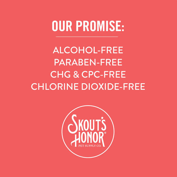 Skout's Honor product with promise of being alcohol-free, paraben-free, CHG & CPC-free, and chlorine dioxide-free on a pink background.