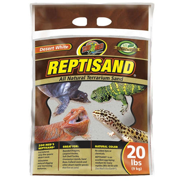 Package of Zoo Med Reptisand terrarium sand with images of reptiles on a white background