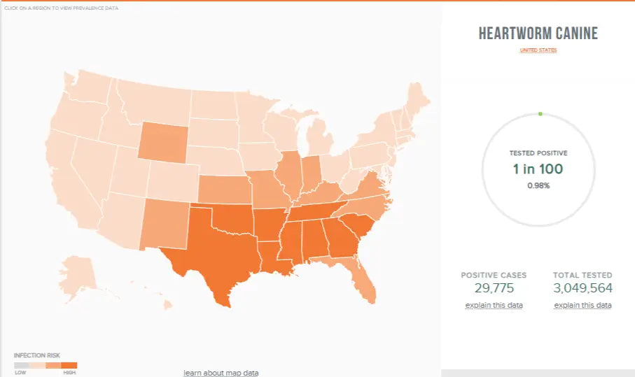 Seasonal heartworm parasite risk map for dogs in U.S. regions