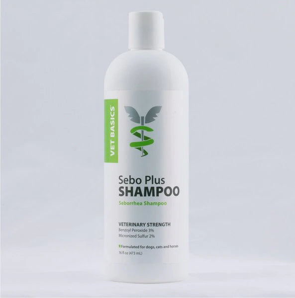 White shampoo bottle with label Vet Basics Sebo Plus for Dog and Cat, 16 oz