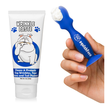 The Squishface Silicone Dog Paste Applicator is a soft grooming tool designed to help apply wrinkle paste, tear stain creams, and other topical products to dogs