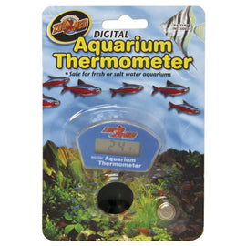 Digital aquarium thermometer packaging with fish illustration on a white background