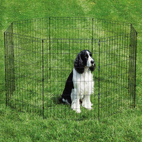 Dog inside a black metal pet playpen on grass