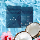 TVATI product packaging with coconuts and flowers on a blue water background