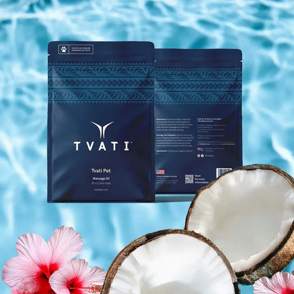 TVATI product packaging with coconuts and flowers on a blue water background