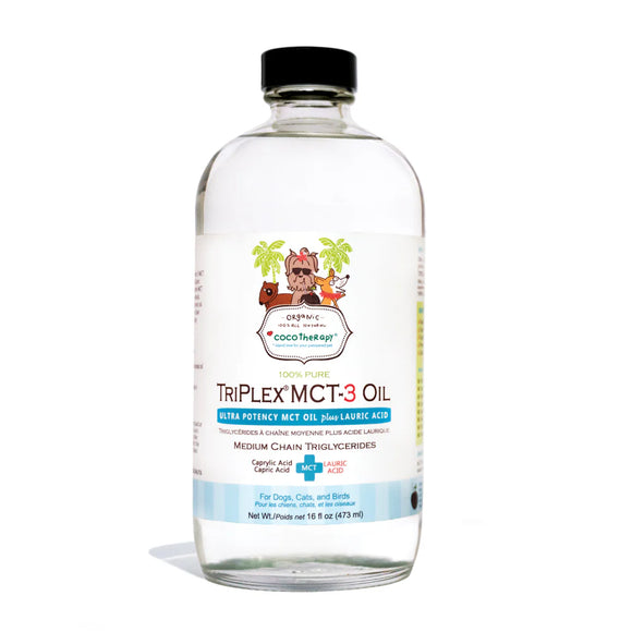 Bottle of Triplex MCT-3 Oil with a label on a white background