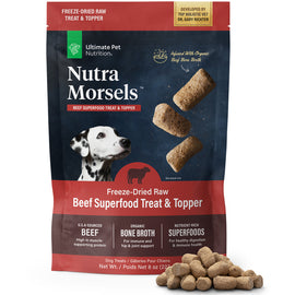 Package of Nutra Morsels Beef Superfood Treat & Topper for dogs on a white background