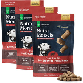 Three packages of Nutra Morsels Freeze-Dried Raw Beef Superfood Treats on a white background.