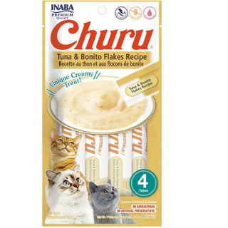 Inaba Churu Tuna with Bonito Flakes Puree Grain-Free Lickable Treat for Cats, 0.5-oz x 4-tubes