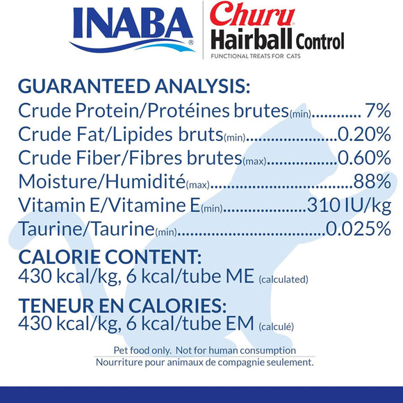 Inaba Churu Hairball Control Tuna Recipe Puree Grain-Free Lickable Treat for Cats