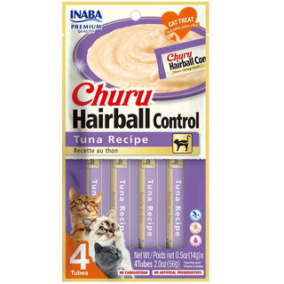 Inaba Churu Hairball Control Tuna Recipe Puree Grain-Free Lickable Treat for Cats, 0.5-oz x 4-tubes