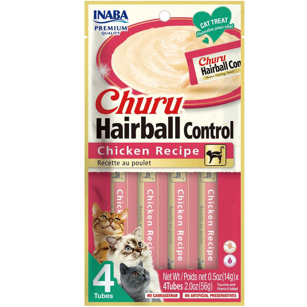 Inaba Churu Hairball Control Chicken Recipe Puree Grain-Free Lickable Treat for Cats, 0.5-oz x 4-tubes