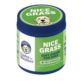 Jar of 'Nice Grass' soft chews for dogs on a white background