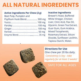 Dog treat packaging with ingredient list and directions for use on a peach background