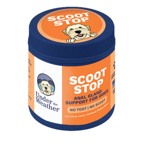 Jar of 'Scoot Stop' anal gland support for dogs on a white background