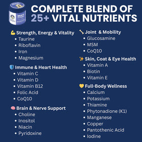 List of vitamins and nutrients on a blue background with a multivitamin container.
