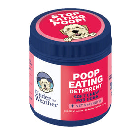 Jar of 'Under the Weather' poop eating deterrent for dogs on a white background