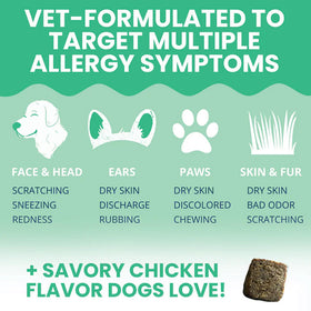 Product advertisement for a pet allergy treatment with images of a dog, paw, ears, and grass, and text highlighting symptoms and flavor.