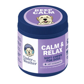 Jar of 'Calm & Relax' soft chews for dogs with a purple label and blue lid.