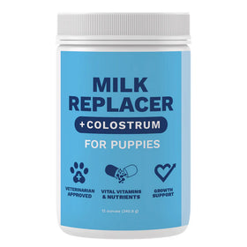 Milk replacer and colostrum powder for puppies with blue label and white lid.