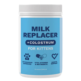 Milk replacer and colostrum powder for kittens with blue label and white container.