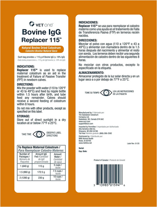 VetOne Bovine IgG Replacer 115, Natural Bovine Dried Colostrum (640 gm)