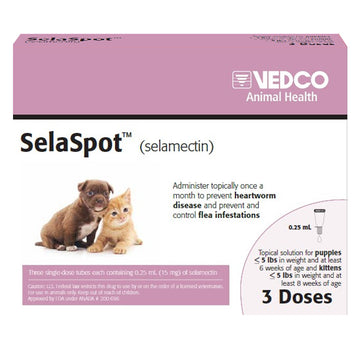 Vedco Animal Health SelaSpot packaging with a dog and cat illustration on a white background