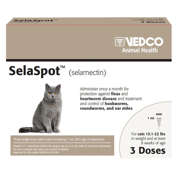 SelaSpot packaging for cats by Vedco Animal Health with a gray cat illustration.