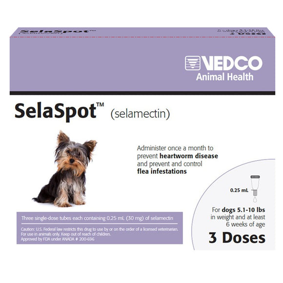 Vedco Animal Health SelaSpot product packaging for dogs with a small dog illustration.