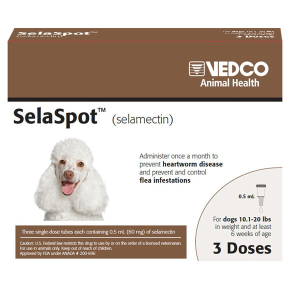 SelaSpot product packaging for dogs by NEDCO Animal Health with a white dog on a brown background.