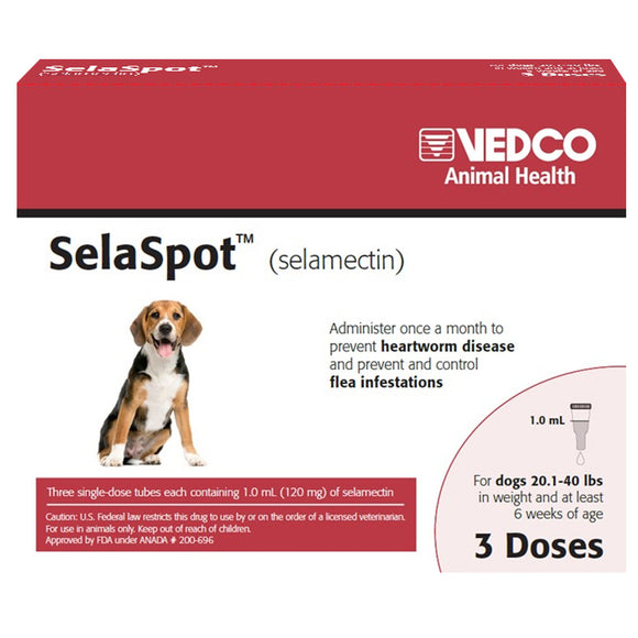 Vedco Animal Health SelaSpot packaging for dogs with a red background