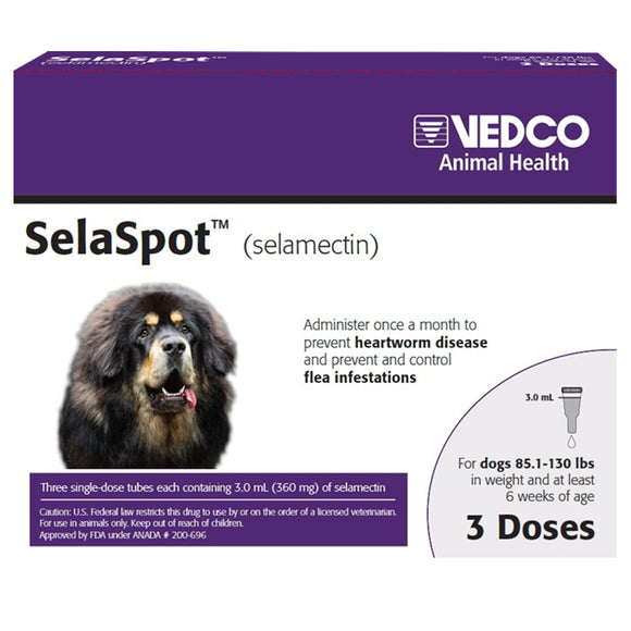 Vedco Animal Health SelaSpot packaging for dogs with a purple background