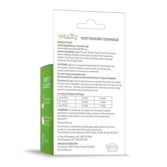 Vetality 'Stop the Run' Chewables packaging with green box and white label on a white background