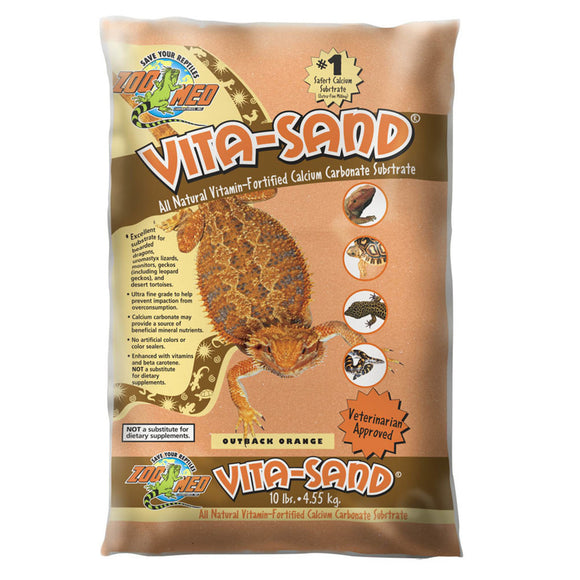 Bag of Zoo Med Vita-Sand reptile substrate with branding and product details.