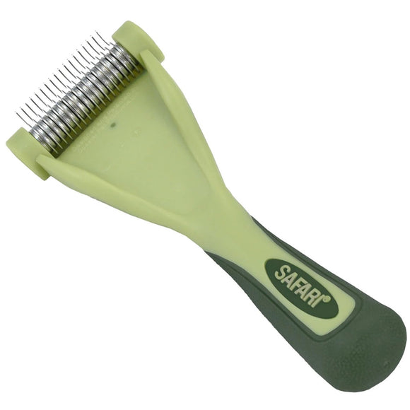 Green pet grooming tool with metal teeth on a white background