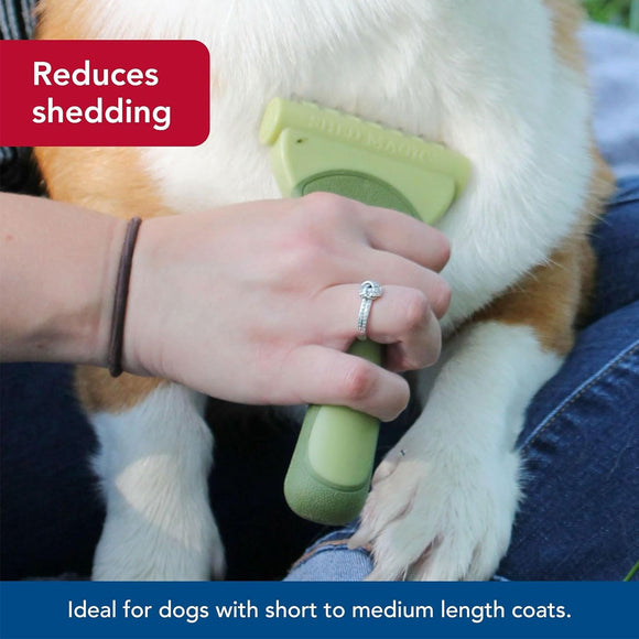 Person using a green pet grooming brush on a dog with text indicating benefits