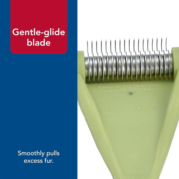 Gentle-glide blade with text on a blue and red background