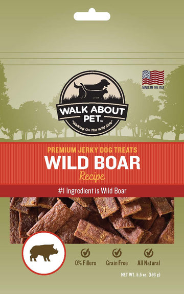 Walk About Pet premium jerky dog treats packaging with wild boar recipe on a green background
