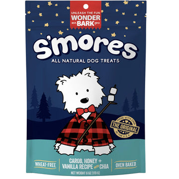 Package of Wonder Bark s'mores all natural dog treats with a cartoon dog holding a marshmallow on a stick.