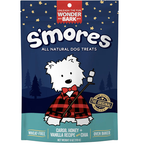 Package of Wonder Bark s'mores all natural dog treats with a cartoon dog holding a marshmallow on a stick.