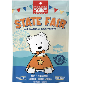 Dog treat package with cartoon dog and fairground background, featuring 'Wonder Bark' brand.