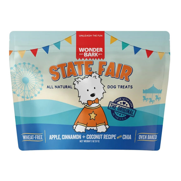 Package of Wonder Bark State Fair dog treats with a cartoon dog and colorful design.